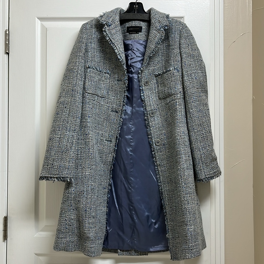 BCBG Blue Tweed Trench Coat w/ Shimmer, Size Small